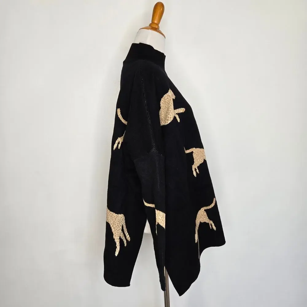 Entro Oversized Cheetah Sweater Black Mock Neck Novelty Animals Women Small